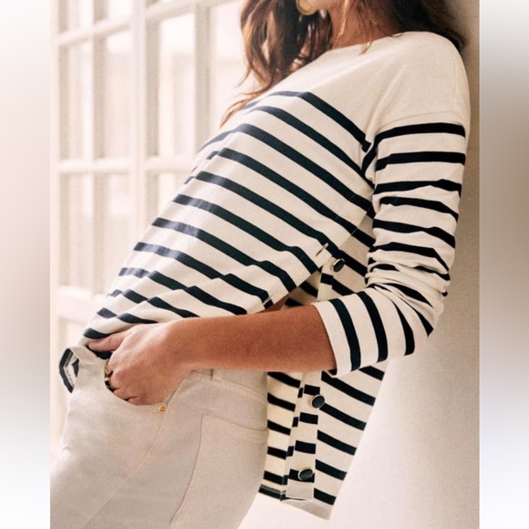 Sezane Tops - Sezane Navy and Cream Striped Long-Sleeve Button-Side Top